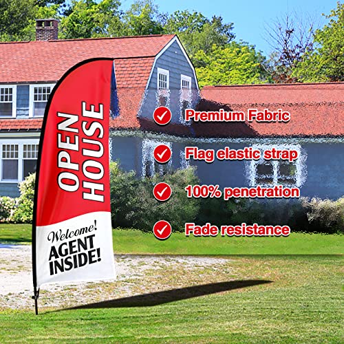 QSUM Open House Flag for Real Estate Agents, Open House Signs with Pole Kit/Ground Stake, Windless Open Banner for Business/Advertising/Open House Events (Red)