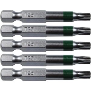 t25 (t-25) torx/star driver bit - color coded t25 x 2" torx/star drive quick change shank bit for screws and fasteners requiring t25 (t-25) size bits (5 pack)