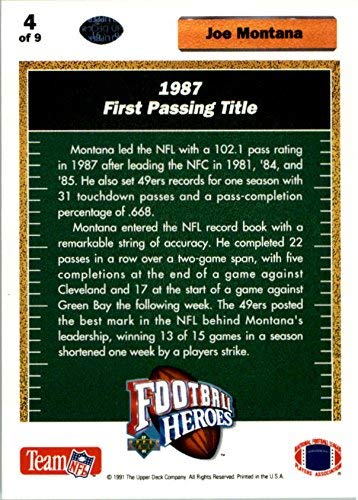 1991 Upper Deck Joe Montana Heroes #4 Joe Montana 1st Passing Title NFL Football Trading Card