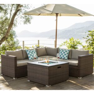 cosiest 5-piece propane fire pit outdoor furniture brown sofa set, patio sectional w 32-inch square wicker fire table (40,000 btu), fits 20lb tank outside w glass wind guard for garden, backyard