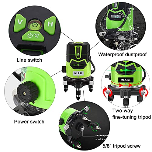 ML&SL Multi-Line Green Laser Level - Professional Automatic Self leveling Laser Horizontal&Vertical Cross line with Down Plumb Dot,360°Rotating Base,Rechargeable Battery for Indoor Outdoor