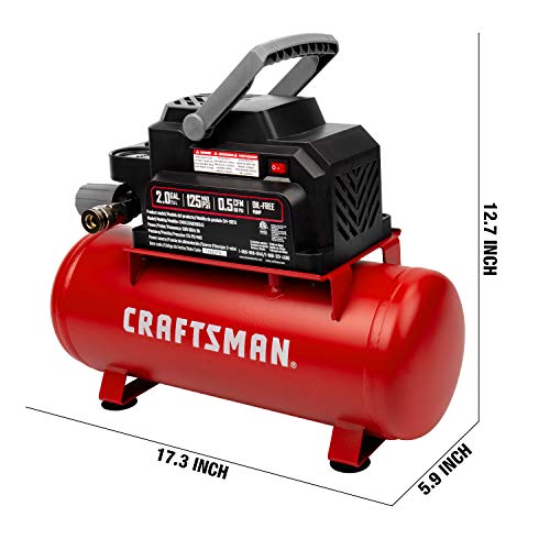 Craftsman Air Compressor, 2 Gallon Max 125 PSI Pressure 1/3 HP 0.5 CFM@90psi Portable Oil Free Maintenance Free, CMXECXA0200243