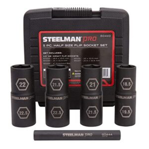 Steelman Pro 5-Piece 1/2-Inch Drive Metric 6-Point Thin Wall Impact Flip Socket and Knockout Bar Set with Half Sizes (18.5 x 19.5mm, 21 x 21.5mm, 22 x 22.5mm, and 21.5 x 22.5mm Sockets)