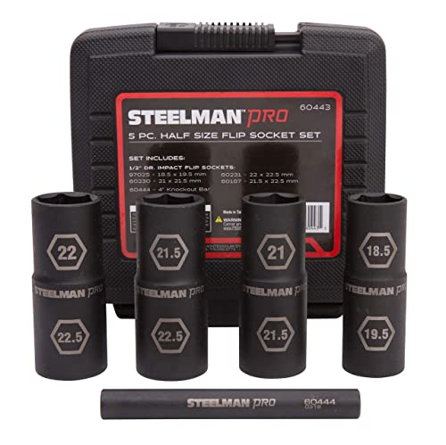 Steelman Pro 5-Piece 1/2-Inch Drive Metric 6-Point Thin Wall Impact Flip Socket and Knockout Bar Set with Half Sizes (18.5 x 19.5mm, 21 x 21.5mm, 22 x 22.5mm, and 21.5 x 22.5mm Sockets)