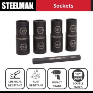 Steelman Pro 5-Piece 1/2-Inch Drive Metric 6-Point Thin Wall Impact Flip Socket and Knockout Bar Set with Half Sizes (18.5 x 19.5mm, 21 x 21.5mm, 22 x 22.5mm, and 21.5 x 22.5mm Sockets)