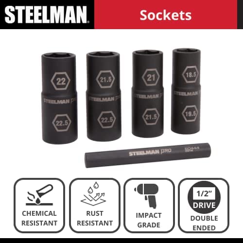 Steelman Pro 5-Piece 1/2-Inch Drive Metric 6-Point Thin Wall Impact Flip Socket and Knockout Bar Set with Half Sizes (18.5 x 19.5mm, 21 x 21.5mm, 22 x 22.5mm, and 21.5 x 22.5mm Sockets)