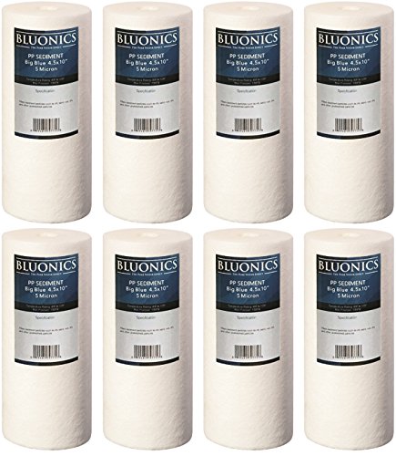 Bluonics 4.5"x10" Sediment Water Filters 8 Pack of (5 Micron) Standard Size Whole House Cartridges for Removing Rust, Iron, Sand, Dirt, Sediment and Undissolved Particles