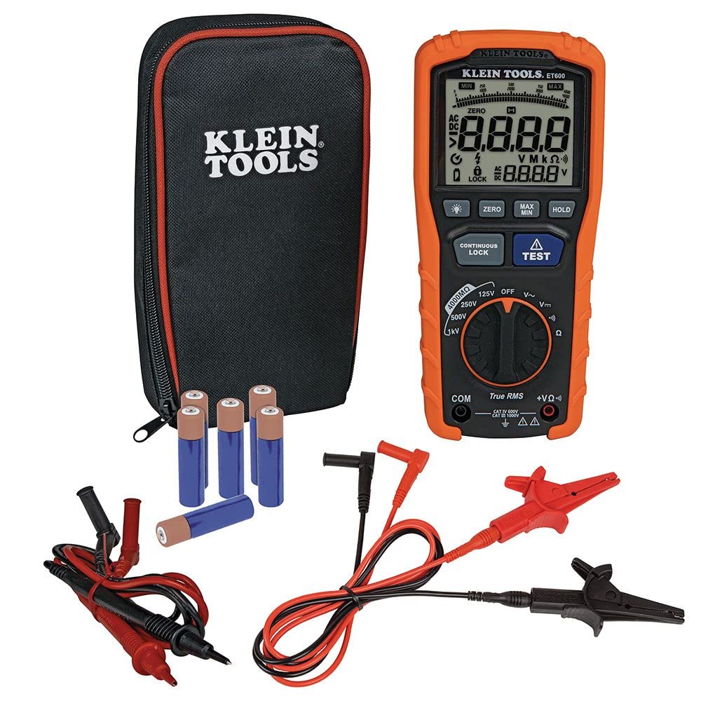 Klein Tools ET600 Multimeter, Megohmmeter Insulation Tester, 4000 Ohms Resistance, 125V/250V/500V/1000V, Auto-Ranging TRMS Multimeter,Orange/Black