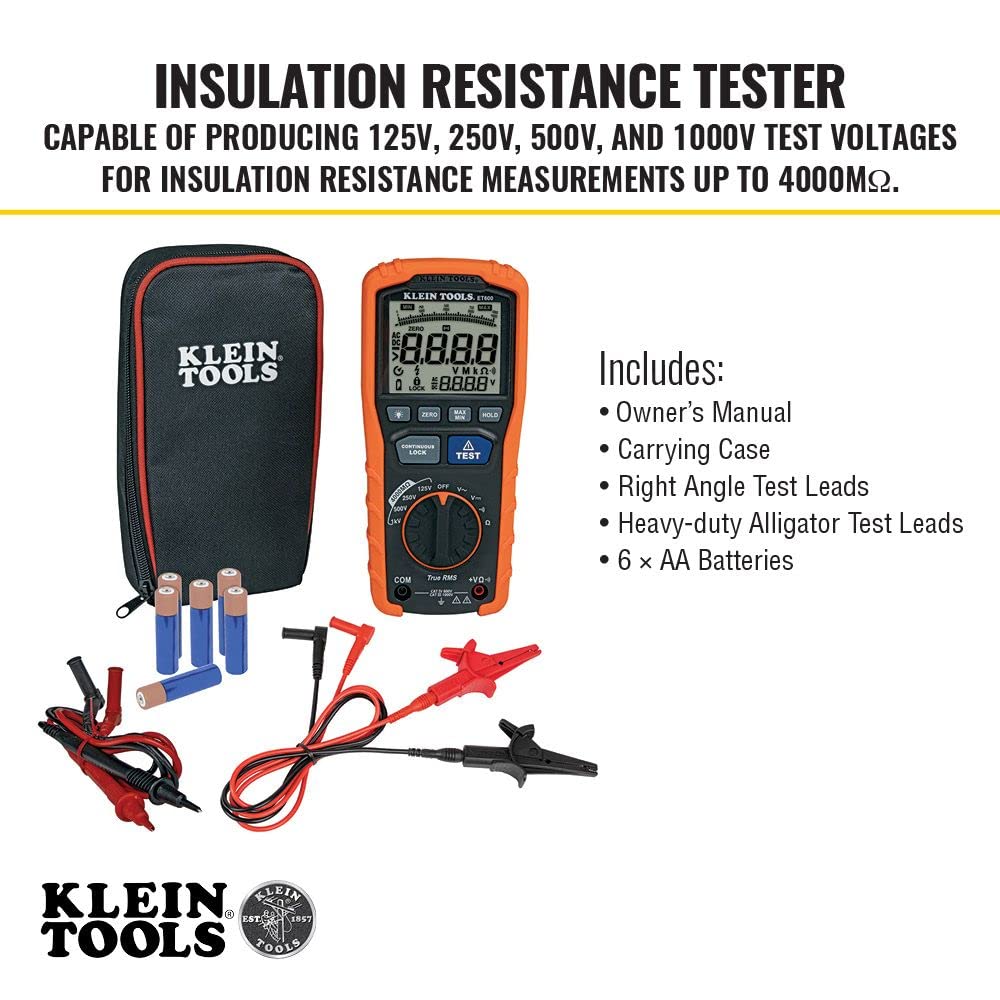 Klein Tools ET600 Multimeter, Megohmmeter Insulation Tester, 4000 Ohms Resistance, 125V/250V/500V/1000V, Auto-Ranging TRMS Multimeter,Orange/Black