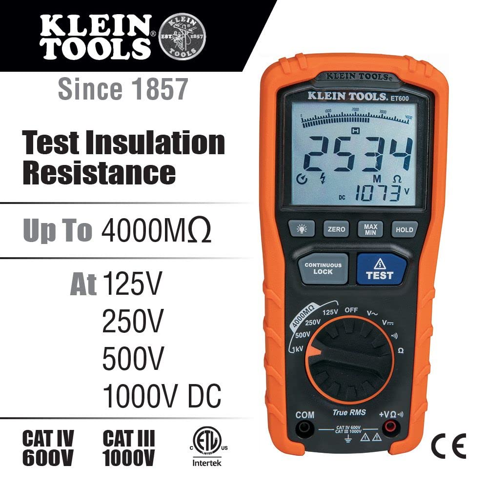 Klein Tools ET600 Multimeter, Megohmmeter Insulation Tester, 4000 Ohms Resistance, 125V/250V/500V/1000V, Auto-Ranging TRMS Multimeter,Orange/Black