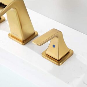 NEWATER Waterfall 8-Inch Widespread Two-Handle Bathroom Sink Faucet Three Hole Lavatory Faucet with Metal Pop-up Drain Assembly & Supply Lines，Brushed Gold