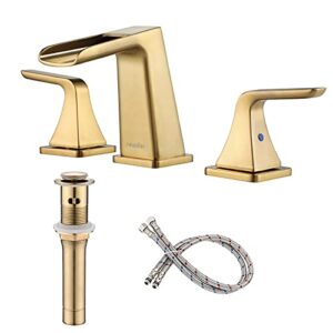 newater waterfall 8-inch widespread two-handle bathroom sink faucet three hole lavatory faucet with metal pop-up drain assembly & supply lines，brushed gold