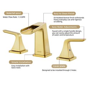 NEWATER Waterfall 8-Inch Widespread Two-Handle Bathroom Sink Faucet Three Hole Lavatory Faucet with Metal Pop-up Drain Assembly & Supply Lines，Brushed Gold