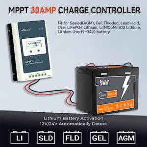 EPEVER MPPT Solar Charge Controller 30 amp 12V 24V Auto, 30A Solar Charge Controller Max 100V Input Negative Grounded Solar Reulator for Lead-Acid and Lithium Batteries Charging and Discharging