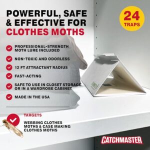 Catchmaster Clothes Moth Traps for House 24PK Wardrobe Closet Storage Glue Traps, Sticky Bug Catcher Indoor with Pheromone, Odorless Adhesive Flying Insect Trap, Protect Clothing Pet Safe Pest Control