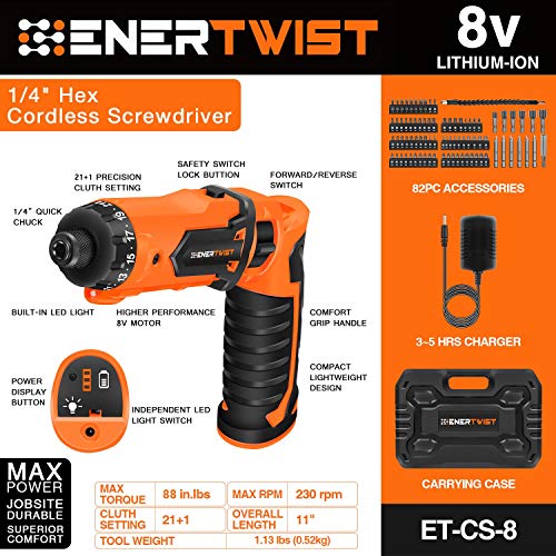 ENERTWIST Cordless Screwdriver, 8V Max 10Nm Electric Screwdriver Rechargeable Set with 82 Accessory Kit and Charger in Carrying Case, 21+1 Cluth, Dual Position Handle, LED Light, ET-CS-8