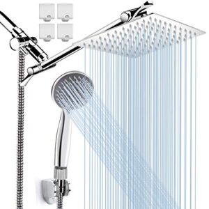 8'' high pressure rainfall shower head/handheld shower combo with 11'' extension arm, height/angle adjustable, stainless steel bath shower head with holder, 1.5m hose, chrome, 4 hooks