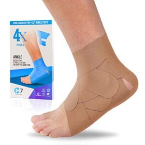 m7 sport kinesiology ankle tape for ankle sprain and injury recovery, kt tape for ankle, pain relief therapeutic tape, plantar fasciitis, waterproof, eases swelling (beige, 4-pack)
