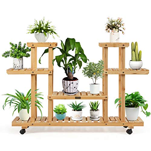 Happygrill Plant Stand Flower Display Rack Wooden Plant Shelves Bonsai Display Shelf with Wheels