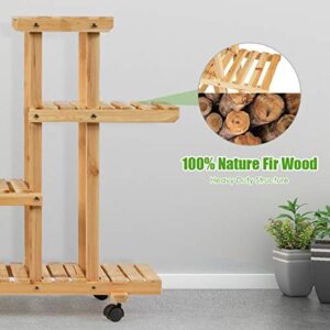 Happygrill Plant Stand Flower Display Rack Wooden Plant Shelves Bonsai Display Shelf with Wheels