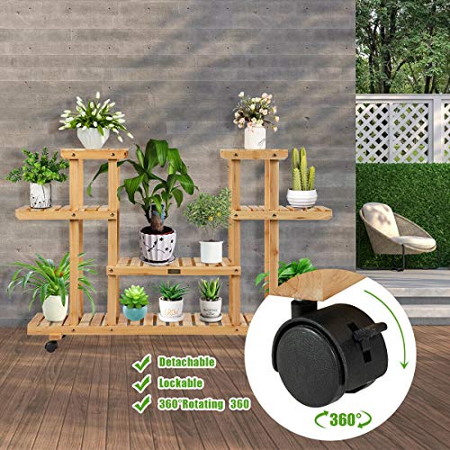 Happygrill Plant Stand Flower Display Rack Wooden Plant Shelves Bonsai Display Shelf with Wheels