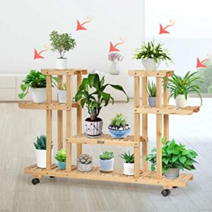 Happygrill Plant Stand Flower Display Rack Wooden Plant Shelves Bonsai Display Shelf with Wheels