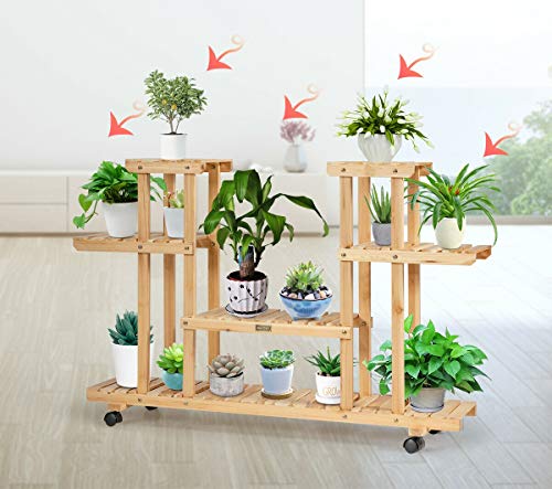 Happygrill Plant Stand Flower Display Rack Wooden Plant Shelves Bonsai Display Shelf with Wheels