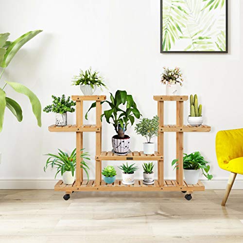 Happygrill Plant Stand Flower Display Rack Wooden Plant Shelves Bonsai Display Shelf with Wheels