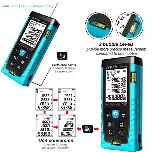 Laser Measure VYTOOV 196Ft Laser Distance Meter 2 Bubble Levels M/Ft/in Switching Laser Measurement Tool Measuring Distance, Area, Volume, Pythagoras, Large Backlit LCD, IP54 Dustproof & Waterproof