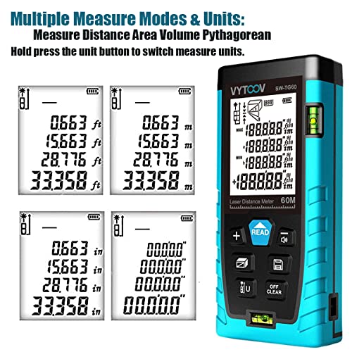 Laser Measure VYTOOV 196Ft Laser Distance Meter 2 Bubble Levels M/Ft/in Switching Laser Measurement Tool Measuring Distance, Area, Volume, Pythagoras, Large Backlit LCD, IP54 Dustproof & Waterproof