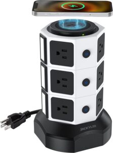 power strip tower with wireless charger - surge protector with usb, jackyled electric outlet 13a 10 ac outlets 4 usb ports 6.5ft extension cord for school dorm office home desktop computer white black