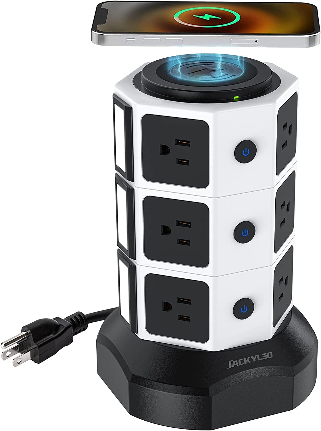 Power Strip Tower with Wireless Charger - Surge Protector with USB, JACKYLED Electric Outlet 13A 10 AC Outlets 4 USB Ports 6.5ft Extension Cord for School Dorm Office Home Desktop Computer White Black