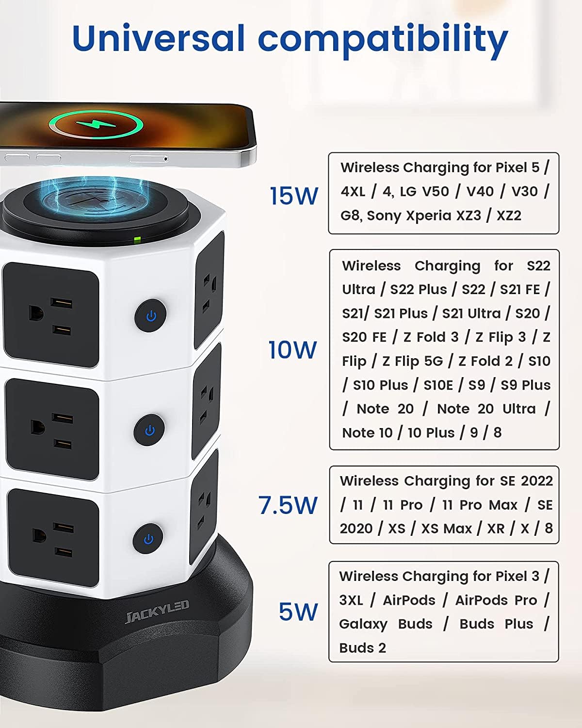 Power Strip Tower with Wireless Charger - Surge Protector with USB, JACKYLED Electric Outlet 13A 10 AC Outlets 4 USB Ports 6.5ft Extension Cord for School Dorm Office Home Desktop Computer White Black