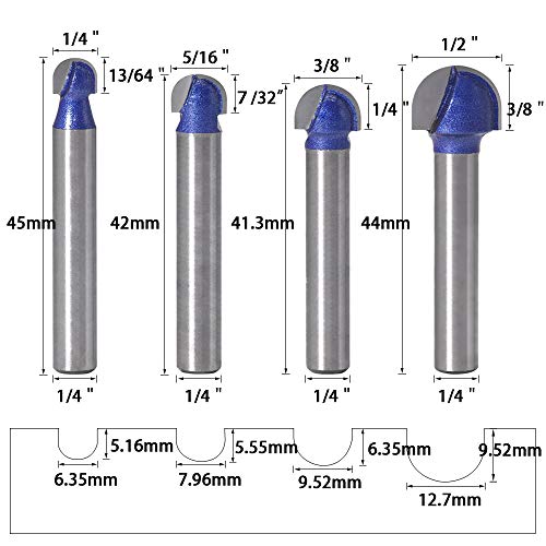 Wolfride 4pcs Core Box Router Bit 1/4 Inch Shank Round Nose Cove Box Router Bits