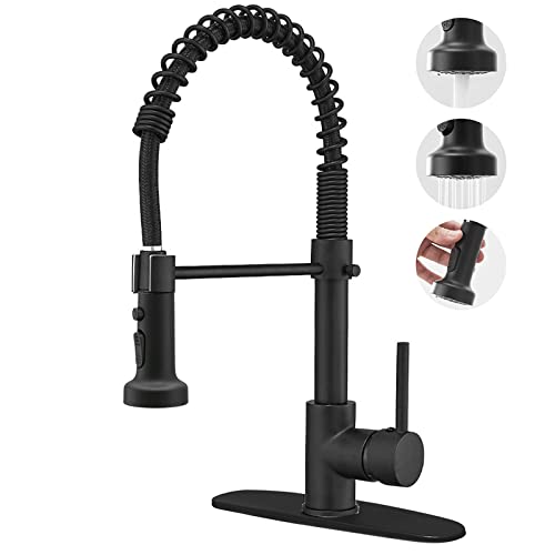 BESy Commercial Kitchen Faucet with Pull Down Sprayer, Solid Brass High-Arc Single Handle Single Lever Spring Rv Kitchen Sink Faucet with Pull Out Sprayer, 3 Function Laundry Faucet, Matte Black