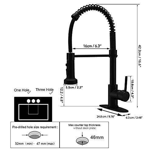 BESy Commercial Kitchen Faucet with Pull Down Sprayer, Solid Brass High-Arc Single Handle Single Lever Spring Rv Kitchen Sink Faucet with Pull Out Sprayer, 3 Function Laundry Faucet, Matte Black