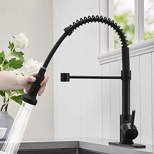 BESy Commercial Kitchen Faucet with Pull Down Sprayer, Solid Brass High-Arc Single Handle Single Lever Spring Rv Kitchen Sink Faucet with Pull Out Sprayer, 3 Function Laundry Faucet, Matte Black