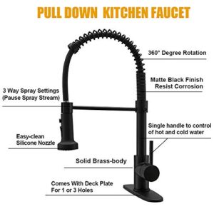 BESy Commercial Kitchen Faucet with Pull Down Sprayer, Solid Brass High-Arc Single Handle Single Lever Spring Rv Kitchen Sink Faucet with Pull Out Sprayer, 3 Function Laundry Faucet, Matte Black