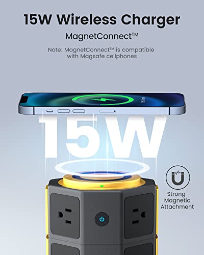 Power Strip Tower, SUPERDANNY Surge Protector Tower with 15W Magnetic Wireless Charger, 1050J, 13A Charging Station with 12 AC Outlets & 6 USB Ports, 6.5ft Extension Cord for Home Office, Gold