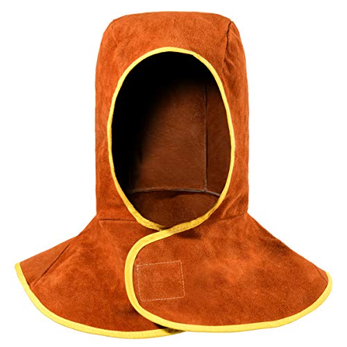 Welding Hood Leather - Cowhide Split Leather Welding Caps with Neck Shoulder Drape - Head Protection for Men & Women, Brown