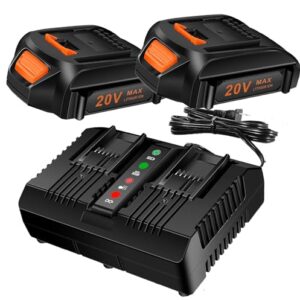 Cell9102 Replacement 2Packs Worx 20V Battery and Charger Starter Kit， WA3520 Lithium Battery and Dual Port 2 Hour Charger WA3875 Compatible with Worx 20-Volt Cordless Power Tools