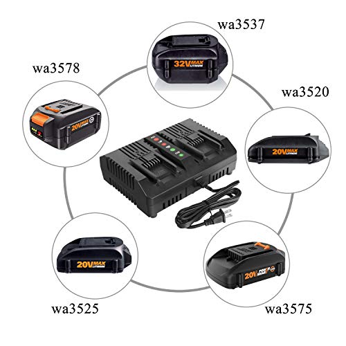 Cell9102 Replacement 2Packs Worx 20V Battery and Charger Starter Kit， WA3520 Lithium Battery and Dual Port 2 Hour Charger WA3875 Compatible with Worx 20-Volt Cordless Power Tools