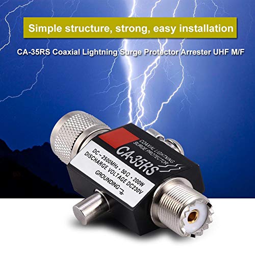 UHF Lightning Surge Protector, CA to 35RS Coaxial Surge Protector Built in Gas Charging Surge, Low Loss VSWR Male to Female Lightning Surge Arrester DC 2500MHz