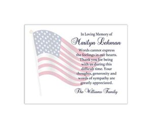 sympathy acknowledgement cards, funeral thank you and bereavement notes personalized with american flag - envelopes included