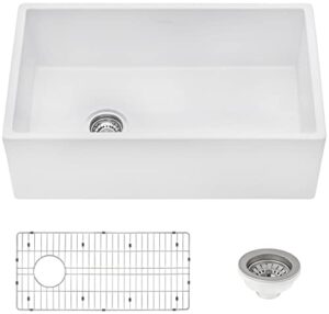 ruvati 30-inch fireclay farmhouse offset drain kitchen sink single bowl white - left drain - rvl2018wl