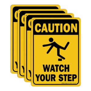 (4 pack) caution watch your step sign safety sign, 10 x 7 inches rectangle.040 rust free aluminum, uv protected and waterproof, weather resistant, durable ink, easy to mount