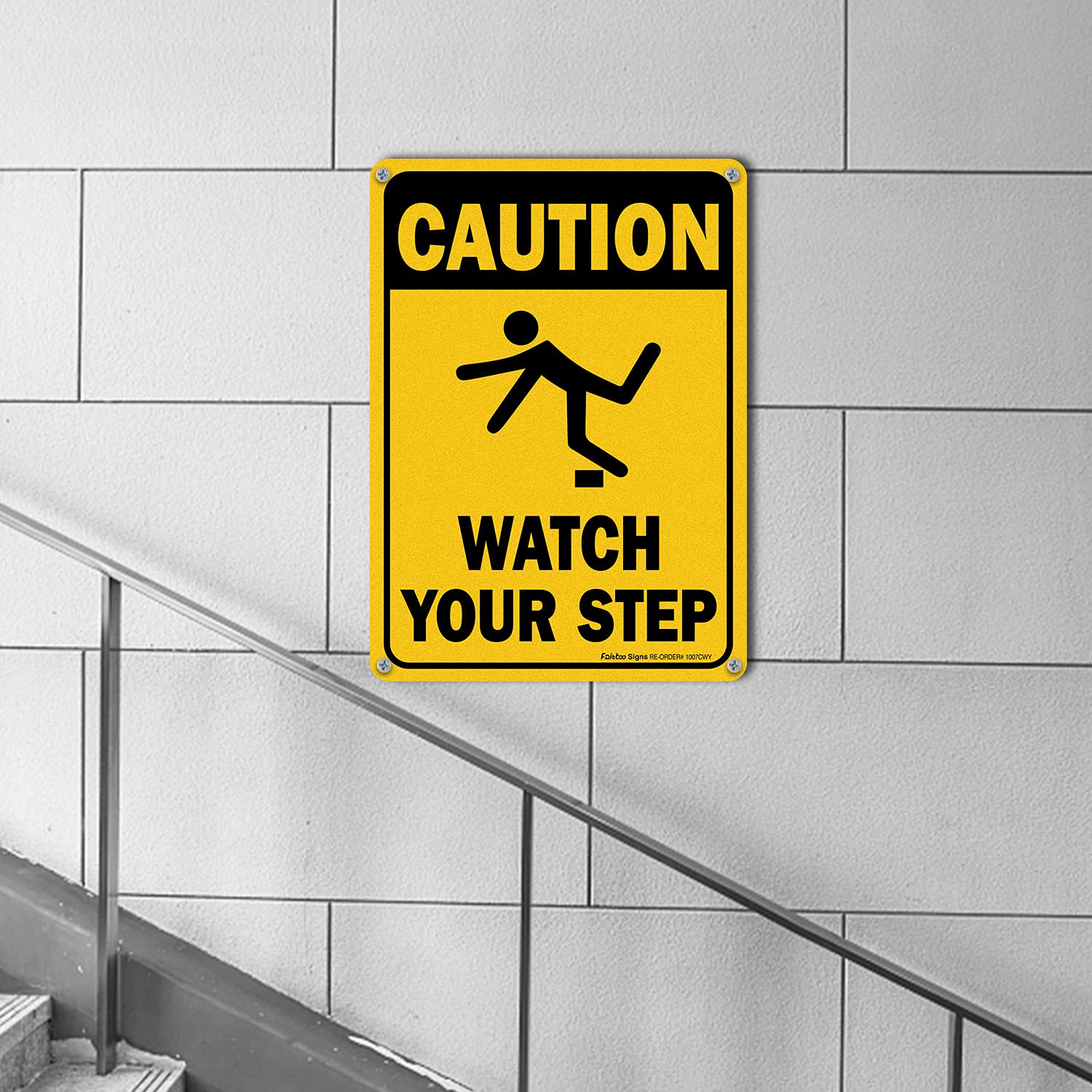 (4 Pack) Caution Watch Your Step Sign Safety Sign, 10 x 7 Inches rectangle.040 Rust Free Aluminum, UV Protected and Waterproof, Weather Resistant, Durable Ink, Easy to Mount