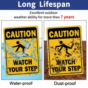 (4 Pack) Caution Watch Your Step Sign Safety Sign, 10 x 7 Inches rectangle.040 Rust Free Aluminum, UV Protected and Waterproof, Weather Resistant, Durable Ink, Easy to Mount