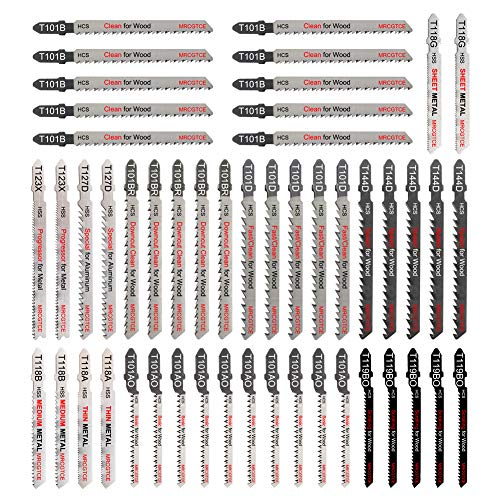 50-Piece Contractor Jigsaw Blades Set with Storage Case, MRCGTCE Assorted T-Shank Jig Saw Blades for Metal, Wood and Plastic Cutting(T118A,T118B,T118G,T127D,T123X,T101AO,T101B,T101BR,T101D,T144D)