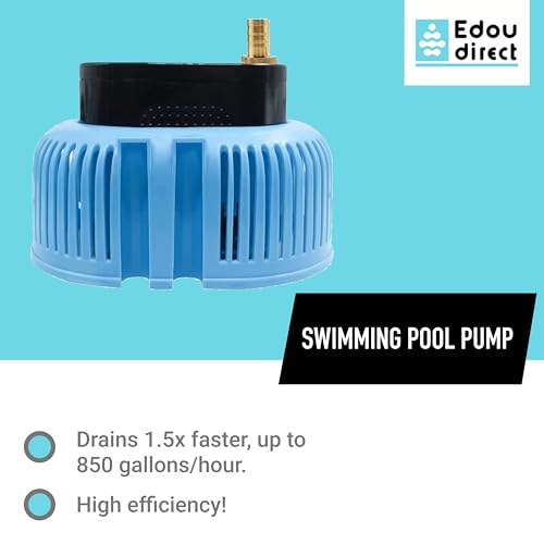 EDOU DIRECT Submersible Pool Cover Pump | HEAVY DUTY | 850 GPH Max Flow | 75 W | Includes 16' Kink-proof Drainage Hose, 2 Adapters | Pool pump ideal for draining from above ground and inground pool